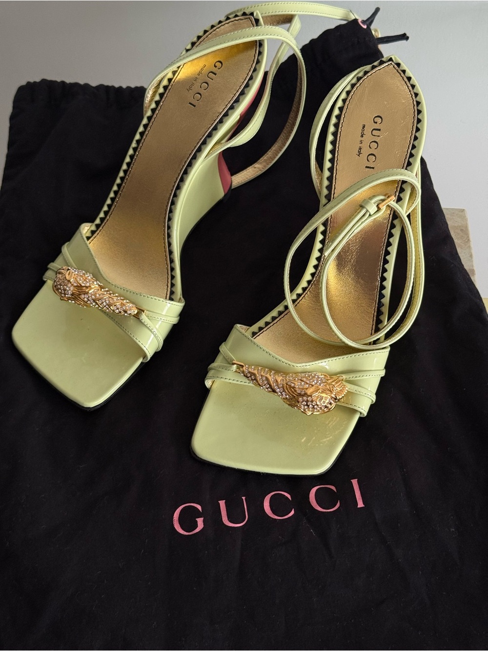 Gucci Women's Pale Green Embellished Strappy Wedge Sandals